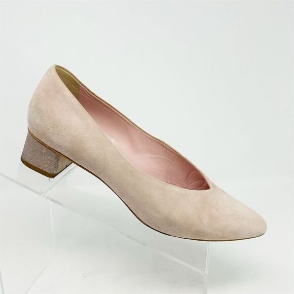 Everlane Women's V Sparkle Heeled Light Blush Pink Suede Block Pumps Size 7 - Picture 1 of 12